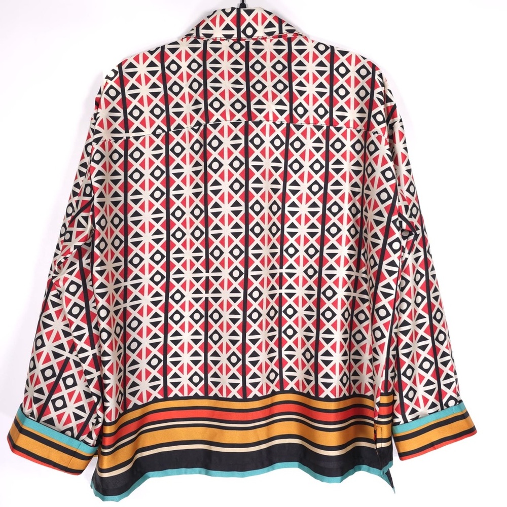GRACIA Women’s Silky Shirt Button Front Long Sleeve Multicolor Geometric MEDIUM - Picture 6 of 10